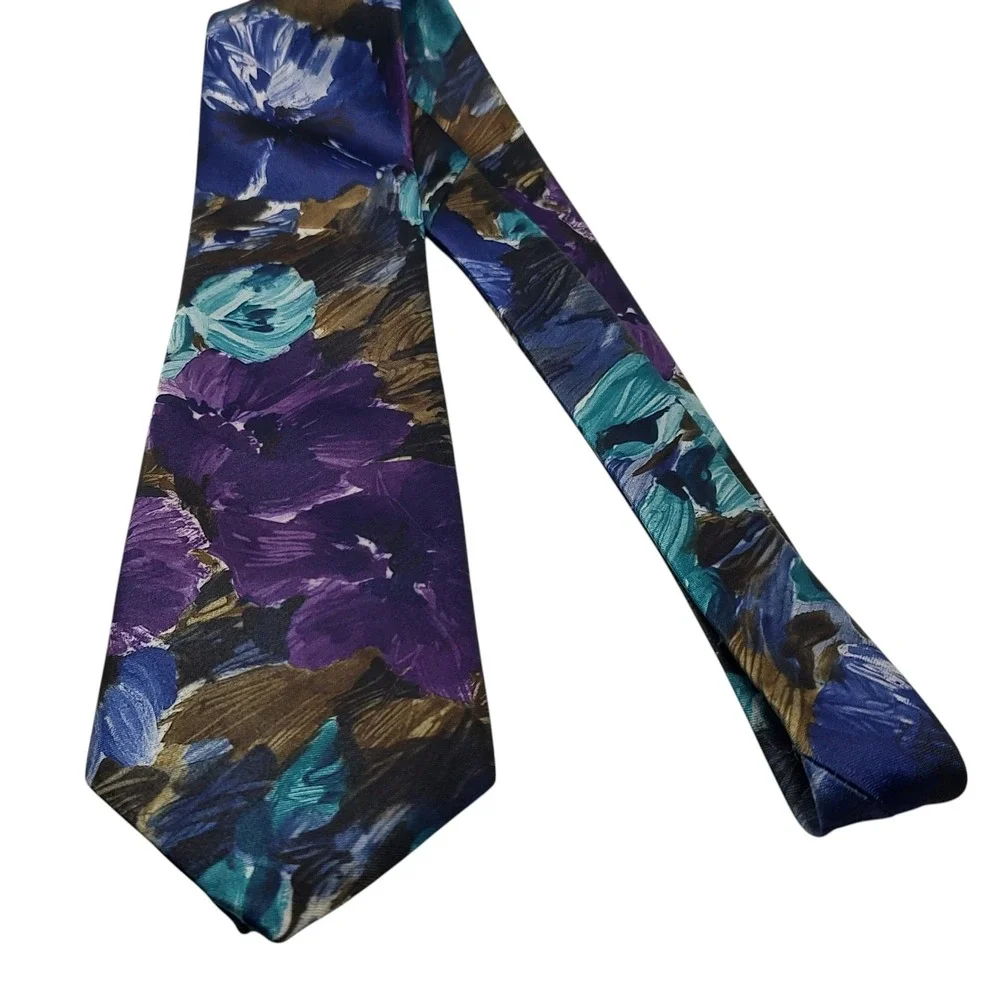 David Crystal‎ Necktie Abstract Floral Art Design Purple Blue Tie Made In USA